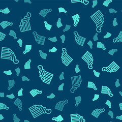 Green line Broken ancient column icon isolated seamless pattern on blue background. Vector.