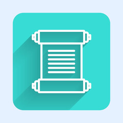 White line Decree, paper, parchment, scroll icon icon isolated with long shadow. Green square button. Vector.