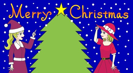 Christmas tree and two young women in red clothes  on a snowy background