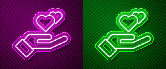 Glowing neon line Heart in hand icon isolated on purple and green background. Hand giving love symbol. Valentines day symbol. Vector.