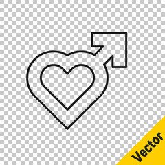 Black line Heart with male gender symbol icon isolated on transparent background. Vector.