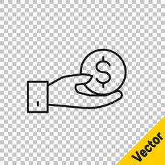 Black line Human hand giving money icon isolated on transparent background. Receiving money icon. Vector.