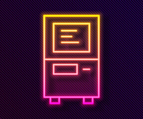 Glowing neon line ATM - Automated teller machine icon isolated on black background. Vector.