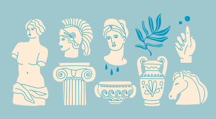 Various Antique statues. Heads of woman, knight, horse. Branch, amphora, hand. Mythical, ancient greek style. Hand drawn Vector illustration. Classic statues in modern style. All elements are isolated