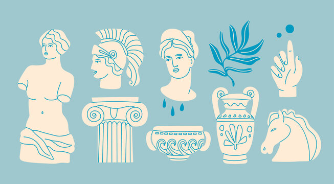Various Antique statues. Heads of woman, knight, horse. Branch, amphora, hand. Mythical, ancient greek style. Hand drawn Vector illustration. Classic statues in modern style. All elements are isolated