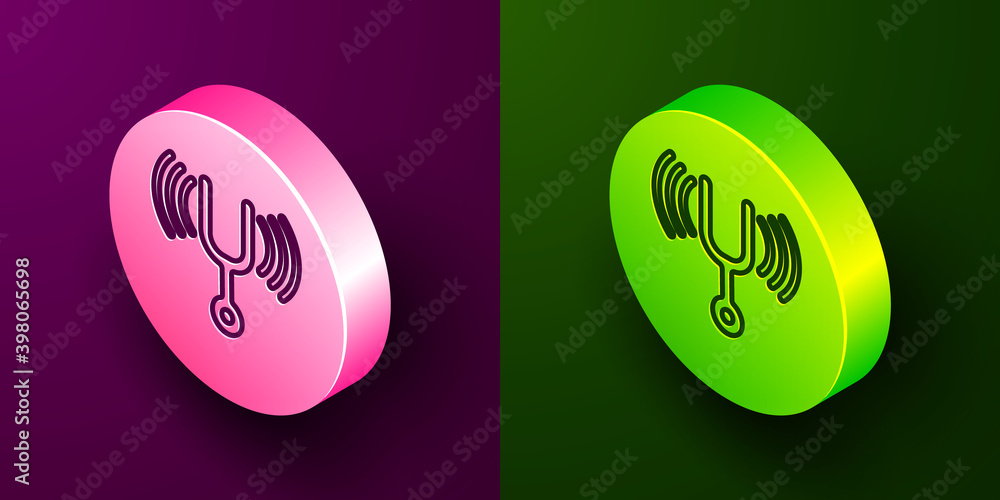 Poster isometric line musical tuning fork for tuning musical instruments icon isolated on purple and green 