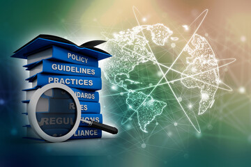 3d rendering Stack of books with magnifier