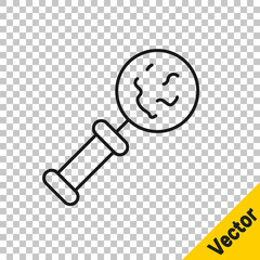 Black line Microorganisms under magnifier icon isolated on transparent background. Bacteria and germs, cell cancer, microbe, virus, fungi. Vector.