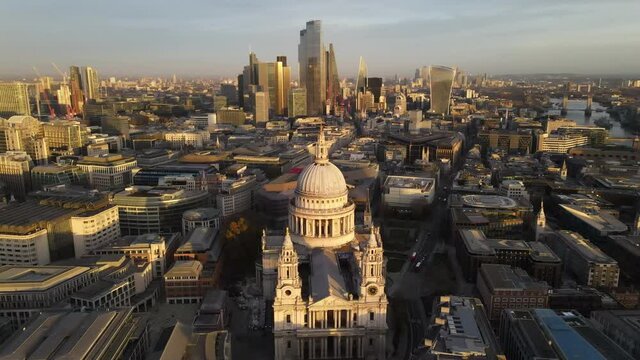 Amazing St Paul's Cathedral Aerial view London uk, United Kingdom, with the skyline in the background, taken in Autumn 2020. 