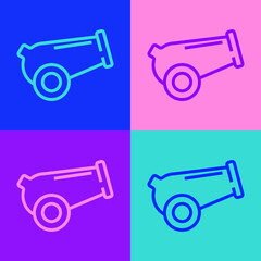 Pop art line Cannon icon isolated on color background. Medieval weapons. Vector.