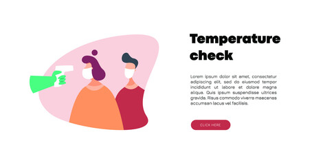 Temperature check. The doctor holds a non-contact thermometer in his hand. A man and a woman in a mask stand on a temperature test. Coronavirus prevention. Vector flat design illustration.