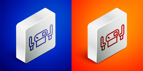 Isometric line Poker table icon isolated on blue and orange background. Silver square button. Vector.
