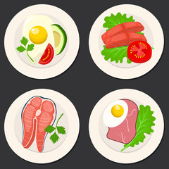 Set of 4 simple breakfasts with ham, egg, lettuce, salmon, tomato, avocado, omelet. Cartoon vector illustration