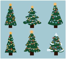 Six various Christmas Trees with lights and stars, festive Christmas decorations