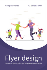 Old couple and kids dancing at family party. Having fun, grandparents, grandchildren flat vector illustration. Generation, happy retirement concept for banner, website design or landing web page