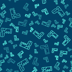 Green line Waterproof rubber boot icon isolated seamless pattern on blue background. Gumboots for rainy weather, fishing, gardening. Vector.