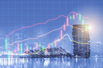 financial investment business concept with coin stack and stock market graph and forex trading growth chart.