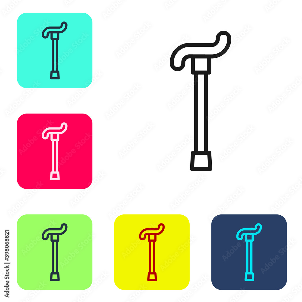 Poster black line walking stick cane icon isolated on white background. set icons in color square buttons. 