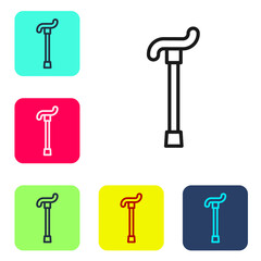 Black line Walking stick cane icon isolated on white background. Set icons in color square buttons. Vector.