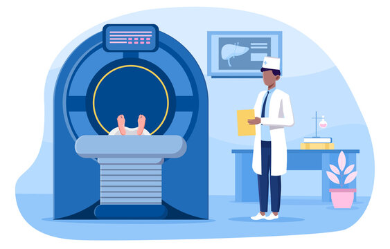 Doctor performs magnetic resonance holding clipboard, writing results of tomography. Laboratory diagnostics. Patient lying at tomography machine. Flat cartoon vector illustration