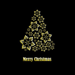 Greeting card 2021. Golden Christmas tree made of snowflakes on a black background with the wish "Merry Christmas". 