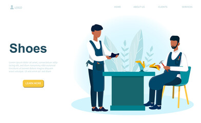 Two professional shoe masters fixing shoes. Male characters working in their workshop wearing an apron mending shoe with hammer. Web landing page template