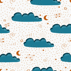 Vector illustration of clouds and starry sky.Blue clouds on a white background
