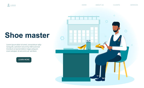 Professional shoe master fixing shoe. Male character sitting in chair in his workshop wearing an apron mending shoe with hammer. Website, web page, landing page template
