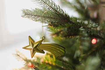 Christmas and New year tree with toys. Christmas decorations close-up. New Year atmosphere