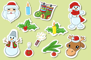 Cute doodle christmas stickers. Vector hand drawn images of candles,santa Claus and other. Merry christmas sticker set