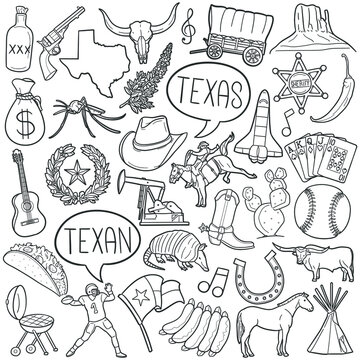 Texas doodle icon set. Texan Vector illustration collection. United States America Banner Hand drawn Line art style.