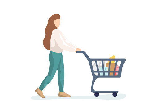 Young Woman Purchaser Carrying Supermarket Shopping Cart Full Of Groceries. Female Buyer Pushing Grocery Store Basket. Customer With Products Vector Flat Eps Isolated Illustration