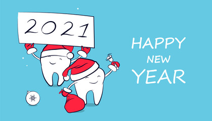 Smiling teeth in a Santa Claus hat with a bag with presents, bell, and banner with the text "2021". Winter holiday symbol,  greeting card. A poster of New Year and Christmas greeting for dentistry.