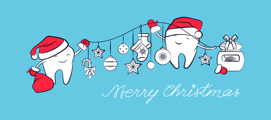 Smiling teeth in a Santa Claus hat with a bag with presents, a bell, and Christmas decorations. Winter holiday symbol,  greeting card. A poster of New Year and Christmas greeting for dentistry. - 398070476