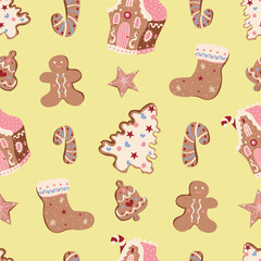 Cute Christmas vector seamless pattern with gingerbread house and different kinds of cookies on pastel yellow background. Winter holidays, sweet, for kids, festive, treats, new year, Christmas market