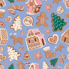 Cute Christmas vector seamless pattern with gingerbread houses and cookies on blue background. Winter holidays, sweet, for kids, festive, Christmas treats, cookies, new year, Christmas market
