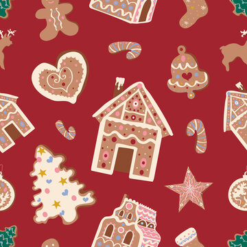 Cute Christmas vector seamless pattern with gingerbread houses and cookies on red background. Winter holidays, sweet, for kids, festive, Christmas treats, cookies, new year, Christmas market