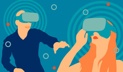 VIRTUAL REALITY concept. Man and woman wearing VR headset and looking at abstract IMMERSE surrounding. 