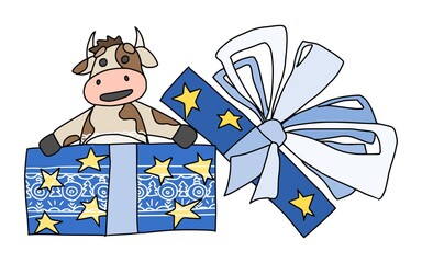 funny bull climbs out of a festive blue gift. new