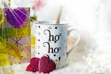 Valentine's day tea mug with sweets heart, close-up, copy space. Valentine's day breakfast