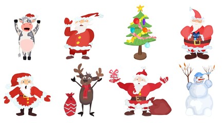 characters santa snowman elk and other flat style