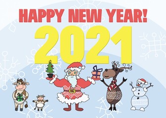 happy new year with cows and santa claus with deer