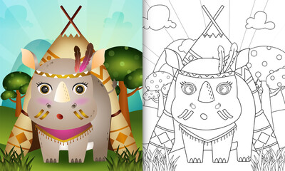 coloring book for kids with a cute tribal boho rhino character illustration