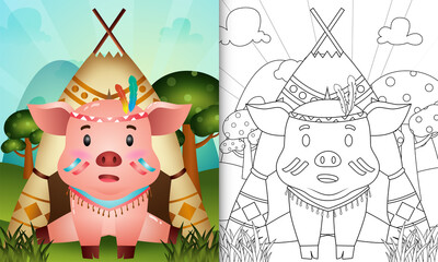 coloring book for kids with a cute tribal boho pig character illustration