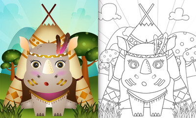 coloring book for kids with a cute tribal boho rhino character illustration