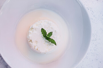 Fromage blanc de brebis frais et petit lait avec une feuille de menthe dans un bol blanc