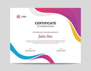 Colored Pink, Purple, Blue and Orange Waves Certificate Design Template
Letter Size 11x8.5 with .125 Bleed