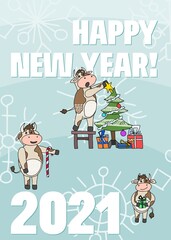 Fototapeta premium New Year greeting card and cow doodle drawing