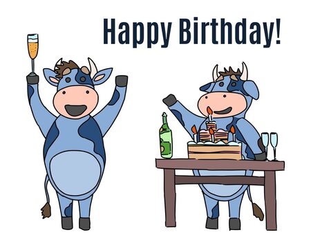 happy birthday cow and cake doodle drawing picture
