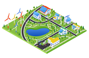 Eco village - modern vector colorful isometric illustration